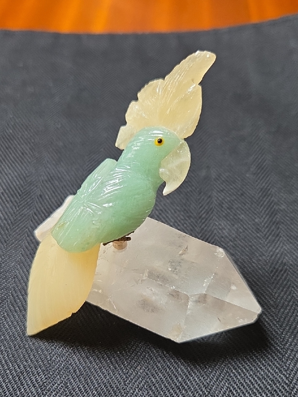 Hand-Carved Green and Pale Yellow Parrot/Cockatoo Stone Figurine